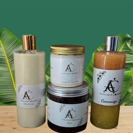 Composé d'un lait de corps, un gommage, un savon, un karité